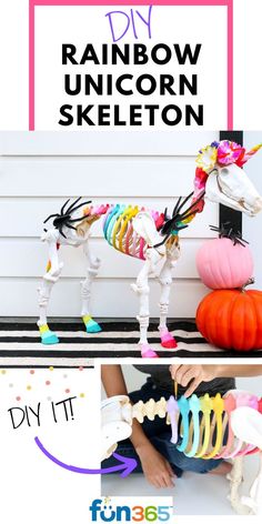 the diy rainbow unicorn skeleton is an easy halloween decoration