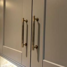 a kitchen cabinet with brass handles and knobs on it's doors is shown in this image