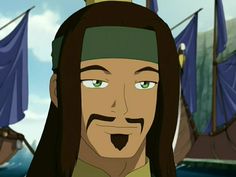 an animated man with long hair and green eyes in front of blue sailboats on the ocean