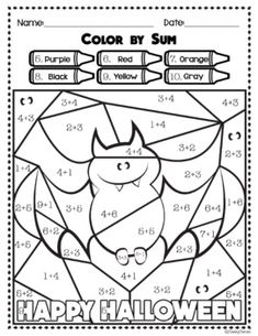 halloween color by number worksheet with an image of a bat and pumpkin on it