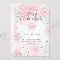 baby it's cold outside pink and silver snowflake party card on marble background