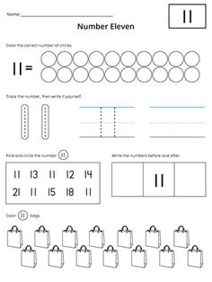 the number eleven worksheet for numbers 1 to 10 with pictures and symbols on it