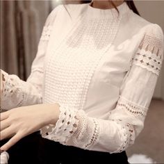 High Quality Hollow Lace Shirt Brand new Tops Elegant Spring Shirt With Crew Neck, Elegant Spring Crew Neck Shirt, Elegant Crew Neck Shirt For Spring, Fitted Shirt For Spring Brunch, Long Sleeve Summer Shirts, Chiffon Lace Blouse, White Lace Shirt, Women Lace Blouse, White Cotton Blouse