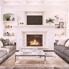 a living room with two couches and a fire place in the middle of it