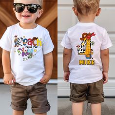 two photos of a little boy wearing sunglasses and t - shirt with the words teach me on it