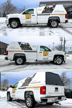 two pictures of a white truck parked in the snow and one has a gold stripe on it's side