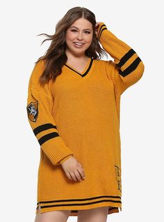 Harry Potter Hufflepuff Sweater Dress Plus Size, MULTI Hufflepuff Sweater, Pjs Dress, Sweater Dress Plus Size, Hogwarts Outfits, Job Clothes, Cozy Sweater Dress, Harry Potter Style, Harry Potter Hufflepuff, Her Universe