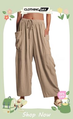 Diani Linen Blend Drawstring Waist Pocketed Loose Pants Bohemian Solid Wide Leg Pants With Pockets, Bohemian Style Solid Bottoms With Pockets, Bohemian Bottoms With Pockets In Solid Color, Beige Wide Leg Summer Pants With Drawstring, Beige Drawstring Wide Leg Pants For Summer, Bohemian Drawstring Trousers, Summer Beige Harem Pants With Side Pockets, Beige Harem Pants With Side Pockets For Summer, Baggy Drawstring Wide Leg Pants For Summer