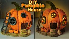 two pictures of pumpkin houses made to look like they have faces on them