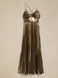 Raggiera Pleated Dress | Banana Republic Gold Summer Dress, Fancy Fits, Disco Dress, Dress Inspo, Guest Dress, Georgette Fabric, Metallic Dress, Corset Style, Soft Grunge