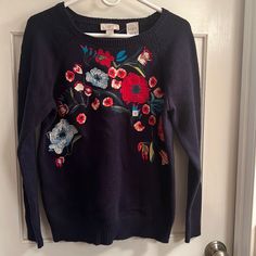 Women’s Sweater With Embroidered Flowers Casual Winter Sweater With Floral Embroidery, Casual Sweater With Floral Embroidery, Casual Red Embroidered Sweater, Embroidered Fitted Casual Sweater, Fitted Casual Embroidered Sweater, Fitted Embroidered Casual Sweater, Embroidered Flowers, New Color, Sweaters For Women