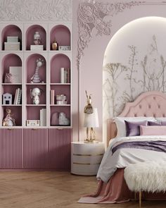 a bedroom decorated in pink and white with an elaborate headboard on the wall above the bed