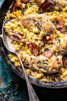 a skillet filled with chicken, corn and bacon