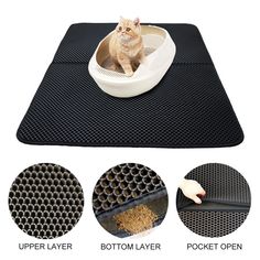 a cat sitting in a litter box on top of a mat with the bottom layer open and bottom layer closed