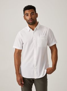 We created the perfect short sleeve button up, with the right mixture of comfort and style, just for you. Our performance shirts have 4-way stretch, are moisture wicking, wrinkle resistant and above all a great new addition to your wardrobe. The performance shirt will be your go-to for any occasion - day to night. This is a shirt that will have you satisfied at any given time. Details Model is 6'1" and wears a size medium. Care: Machine wash cold on delicate cycle, low tumble dry, do not iron Co White Short Sleeve Dress Shirt For Summer, Classic White Short Sleeve Dress Shirt, White Short Sleeve Classic Dress Shirt, Casual Short Sleeve Shirt With 4-way Stretch, White Short Sleeve Dress Shirt For Business Casual, White Short Sleeve Business Casual Dress Shirt, White Short Sleeve Dress Shirt For Work, Stretch Shorts, To Night