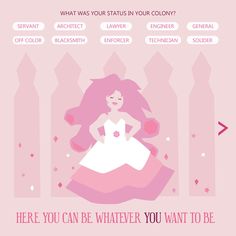 a woman in a white dress sitting on top of a pink background with the words here you can be whatever you want to be