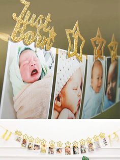 a baby's first birthday banner with gold glitter stars on it and photos hanging from the line