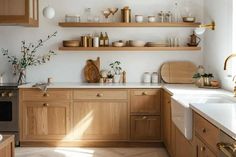 a kitchen filled with lots of wooden cabinets and counter top space next to an oven