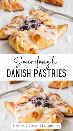 some blueberry danish pastries with icing on top and the words, sourdough danish pastries