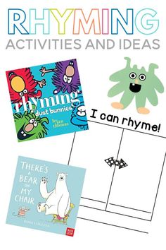 four different books with the words rhyming activities and ideas on top of them