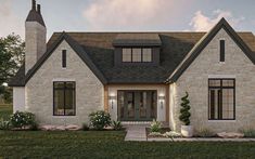 this is an artist's rendering of the front elevation of a house with stone and shingles