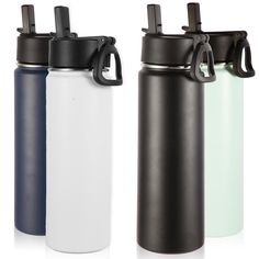 three different types of water bottles are shown in this image, one is white and the other is black