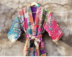 Please MESSAGE us for CUSTOM ORDERS  Product: 2 PCS Printed 100% Cotton Kantha Kimono with 2 Side Pockets and Cotton Belt Indian Vintage Patchwork Kimono Robe, Handmade Cotton Dressing Gown, Bridesmaid Robes, Colorful Robe, Bridesmaid Gifts Cotton Kimono made From Hand block Printed Fabric. It Is Hand Printed Fabric Using Natural Dyes. This Is a Good Quality Cotton Kimono With Breathable Sleeves And A Belt That Ties Around The Waist. Great To Wear Around The House Night Wear. Measurements : - Si Multicolor Bohemian Kimono For Home, Handmade Multicolor Cotton Kimono, Multicolor Kimono With Block Print, Multicolor Cotton Kimono For Home, Multicolor Cotton Kimono With Kimono Sleeves, Multicolor Cotton Robe For Festival, Multicolor Cotton Home Robe, Multicolor Floral Print Kimono For Home, Multicolor Cotton Robe With Floral Print