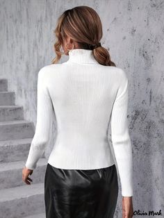 Olivia Mark - Solid Turtle Neck Cut Out Pullover Sweater, Casual Long Sleeve Slim Sweater, Women's Clothing Non-stretch Tops For Winter Workwear, Non-stretch Winter Workwear Tops, Fitted Ribbed Top For Cold Weather, Casual Fitted Tops For Cold Weather, Fitted Casual Tops For Cold Weather, White Fitted Turtleneck Outerwear, Fall Care, Slim Sweater, Sweater Women's