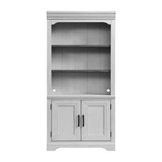 a white bookcase with two doors and one door open on the bottom, in front of a white background