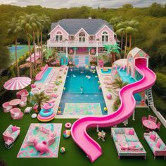 an aerial view of a pool with pink slides