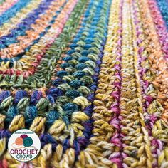 the crochet crowd's multicolored afghan is shown in different colors