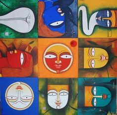 a painting with many different faces and shapes on it's sides, all in various colors