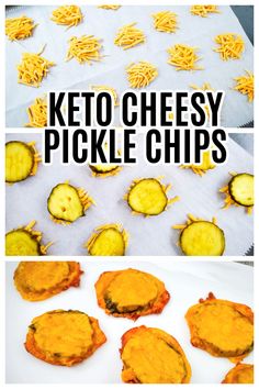 keto cheesy pickle chips on a baking sheet with the title above it