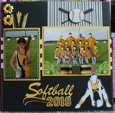 a scrapbook with pictures of softball players and flowers on the cover is decorated in black, yellow and white