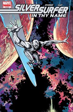 silver surfer in thy name on the cover of an action comic book with space and planets