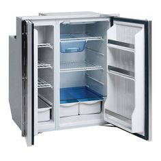 an open refrigerator with the door closed and two shelves filled with plastic containers on both sides