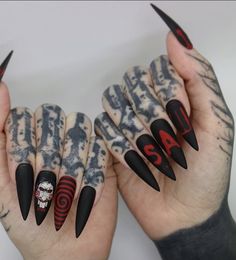 Horror Movie Nail Designs, Jig Saw Nails, Hellraiser Nail Art, Saw Nails Halloween, Movie Nail Art, Jigsaw Nails, Horror Movie Acrylic Nails, Nightmare On Elm Street Nails