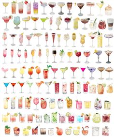 a large collection of different kinds of cocktails on a white background, all in watercolor