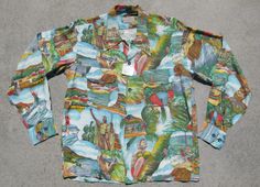 "Wow! Excellent deadstock vintage rayon crepe Hawaiian photo print long sleeve shirt measures 42\" at chest, 19\" at shoulders, and shoulder to hem is 24\". Tagged Sportswear by Samsons size Medium. Never been worn. I steamed the original folds out but the pin at the hem is still in place. Has the original paper tag. Rich & vibrant colors in like new condition. Just perfect. Will ship worldwide. Thanks!" Retro Long Sleeve Beach Shirt, Retro Long Sleeve Shirt For Beach, Long Sleeve Hawaiian Shirt For Vacation, Multicolor Long Sleeve Hawaiian Shirt, Vintage Tropical Print Camp Shirt, Vintage Camp Shirt With Tropical Print, Hawaiian Long Sleeve Tops With Tropical Print, Vintage Long Sleeve Beach Shirt, Long Sleeve Hawaiian Top With Tropical Print