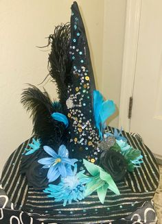 Fancy blue and silver witch hat with striped sparkle fabric, flowers, feathers and rhinestones. Fits up to size 24 inches circumference. Great for Halloween, cosplay, bachelorette parties, weddings, dance recital, dress up and just for fun Fairies Halloween, Recital Dress, Sparkle Fabric, Dance Recital, Princess Girl, Costume Hats, Bachelorette Parties, Halloween Dress, Halloween Cosplay