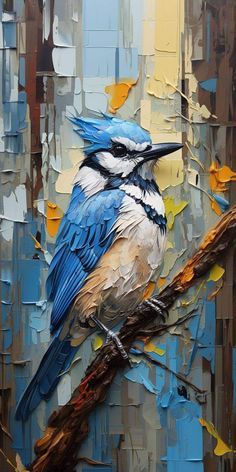 a painting of a blue bird sitting on a branch