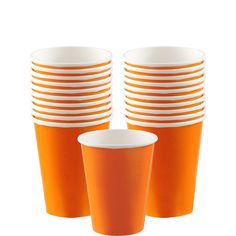 orange cups with white rims stacked on each other