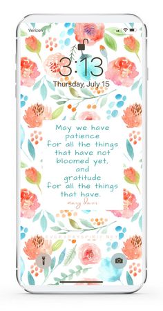 an iphone with the bible verse on it, and flowers in blue and pink colors