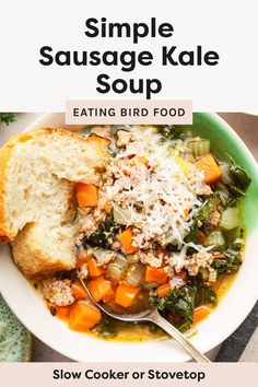 a white bowl filled with soup and topped with bread