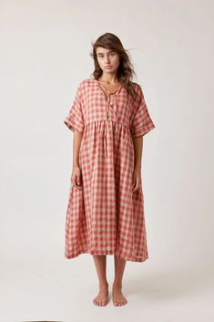 Drop sleeve loose fit linen gingham dress – amente Gingham Dress Pattern, Spring Linen Plaid Dress, Casual Gingham Short Sleeve Midi Dress, Casual Linen Plaid Dress, Casual Gingham Midi Dress With Short Sleeves, Plaid Linen Short Sleeve Dress, Linen Gingham Dress For Daywear, Gingham Linen Dress For Daywear, Casual Gingham Linen Dress