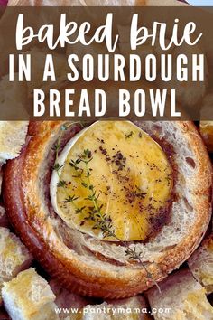 baked blue cheese in a sourdough bread bowl with text overlay that reads baked blue cheese in a sourdough bread bowl