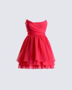 Playing dress up never truly ends 💗 Feel like a princess, and have everyone treating you like one too in this strapless, voluminous tier hot pink mini dress made with tulle fabric 👑 Bright Pink Hoco Dress, Red Pink Dress, Pink Hoco Dress, Rosette Dress, White Corset Dress, Hot Pink Mini Dress, Cute Homecoming Dresses, Tulle Mini Dress, Hot Pink Dress