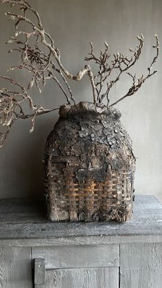 a vase with branches in it sitting on top of a wooden table next to a wall