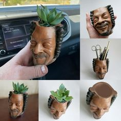 a person holding a planter in their hand and various pictures of the same man's face