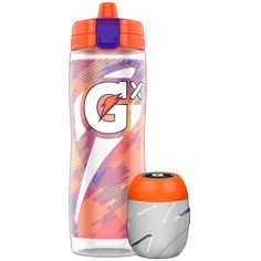 the gatorade water bottle is next to an orange and purple cup